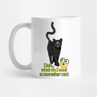 a mix between evil and funny, black cat with phrase and emoji Mug